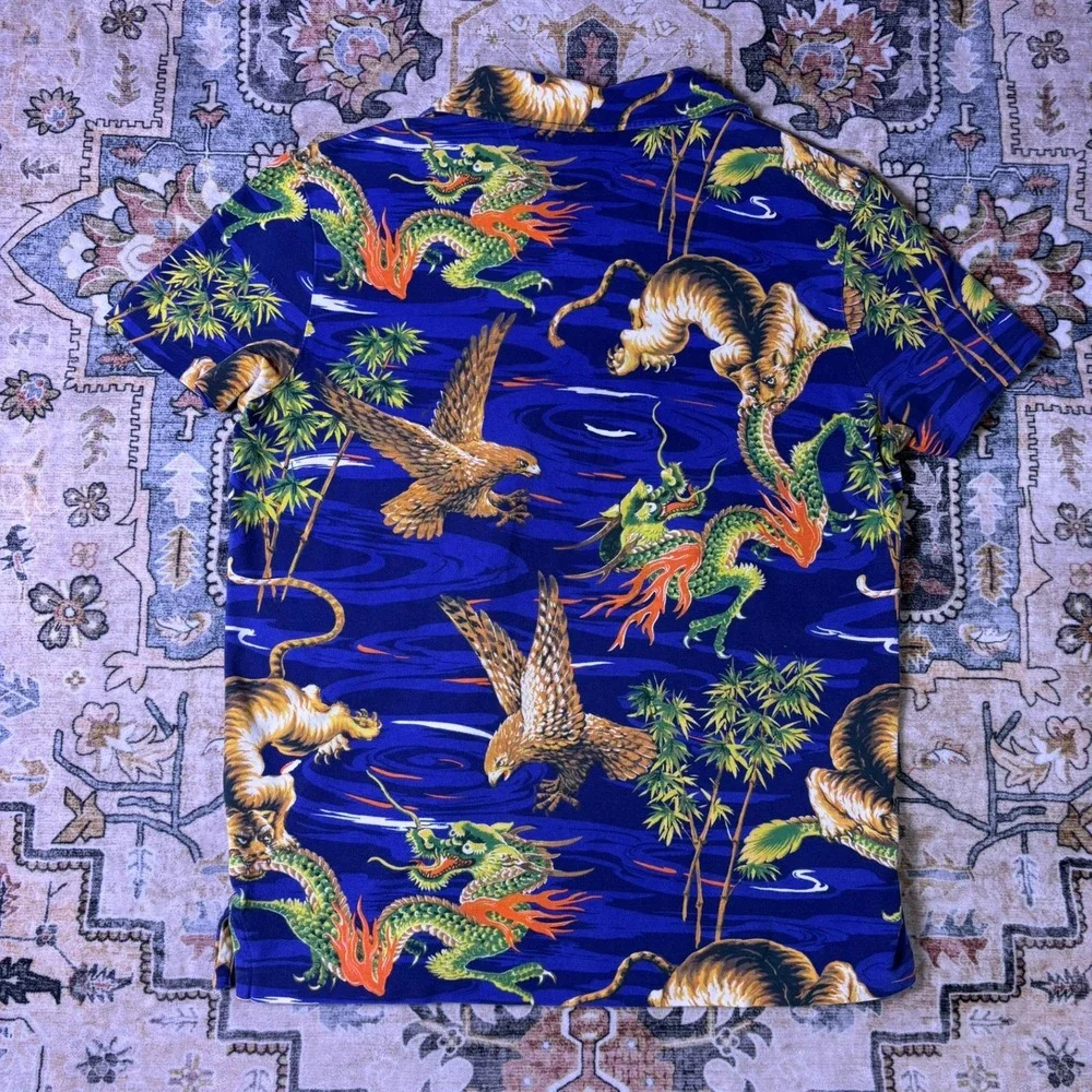 Polo Ralph Lauren Mens Blue Tiger Dragon Eagle Japanese Print Shirt Medium 2014